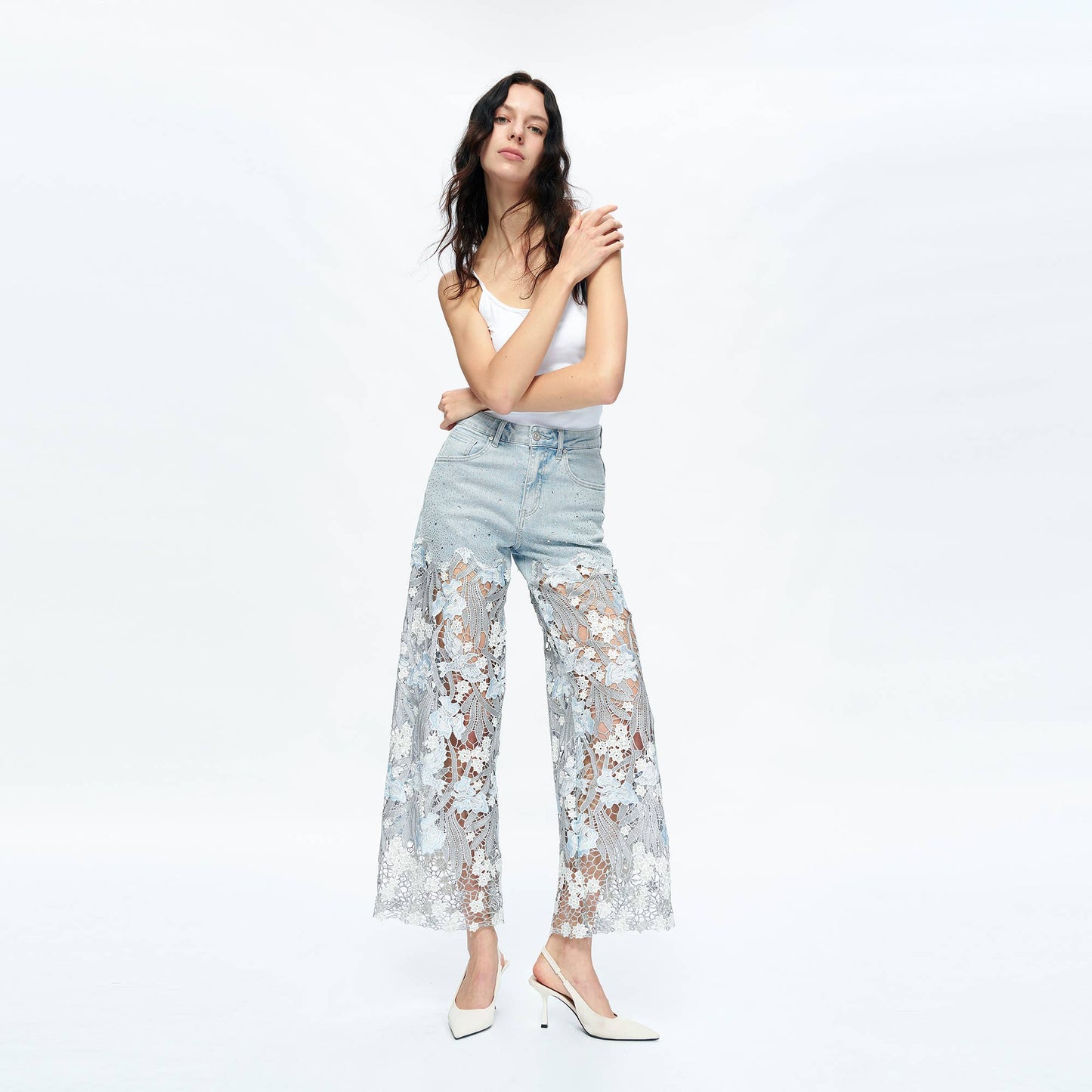 HIGH RISE WIDE LEG JEANS WITH LACE