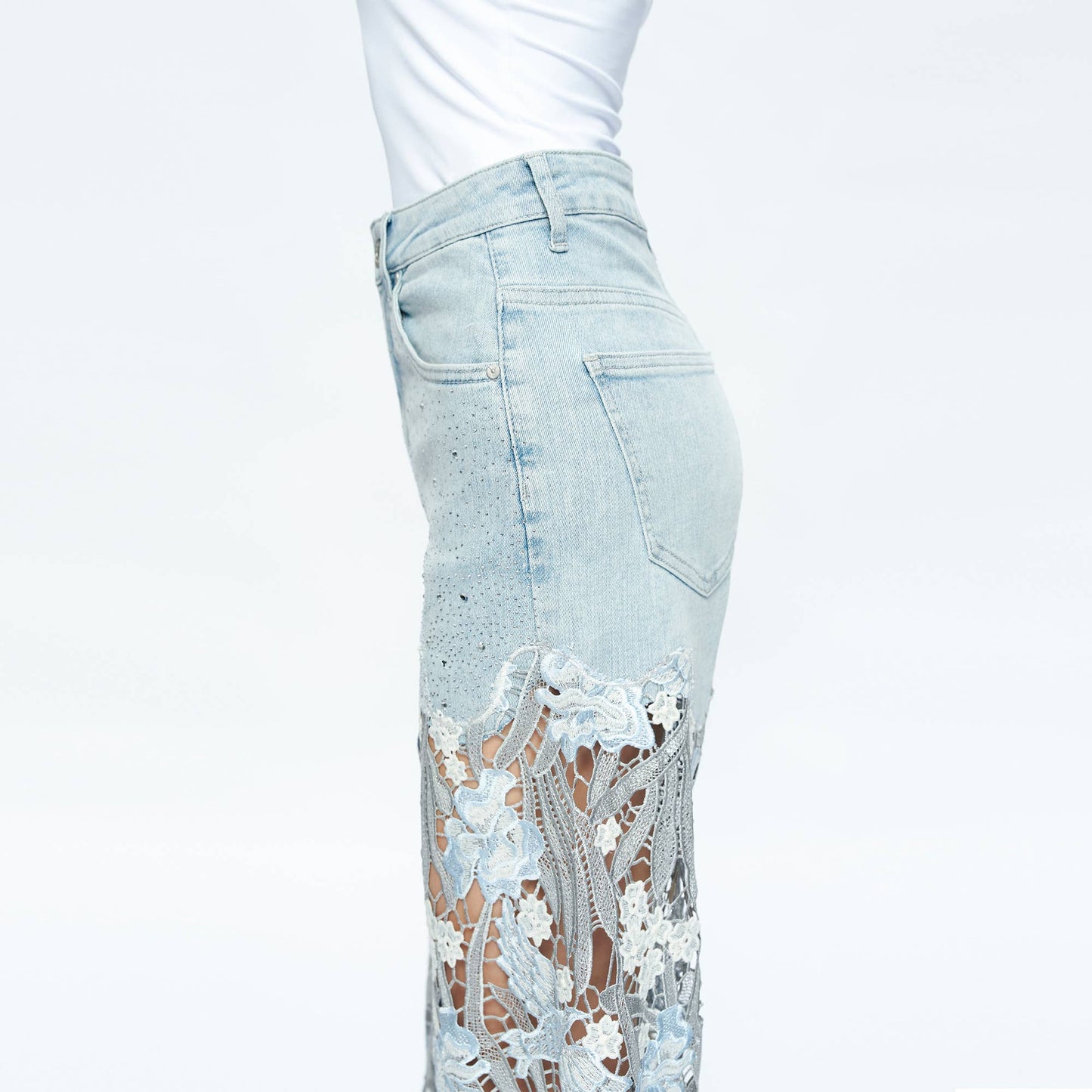 HIGH RISE WIDE LEG JEANS WITH LACE