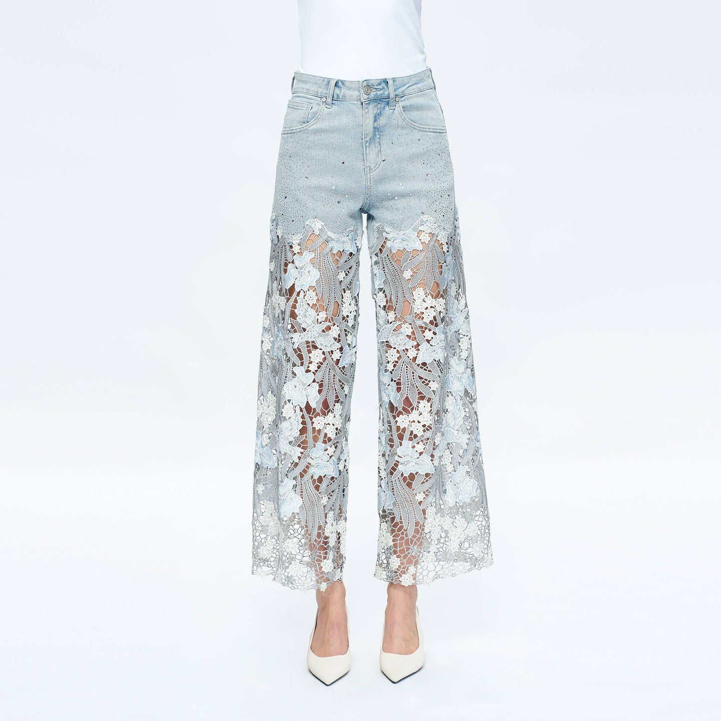 HIGH RISE WIDE LEG JEANS WITH LACE