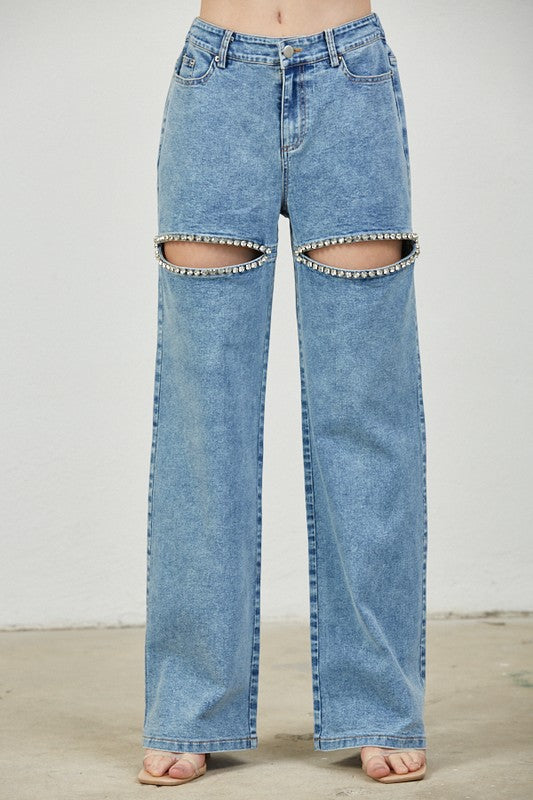 HIGH WAISTED RHINESTONE JEANS