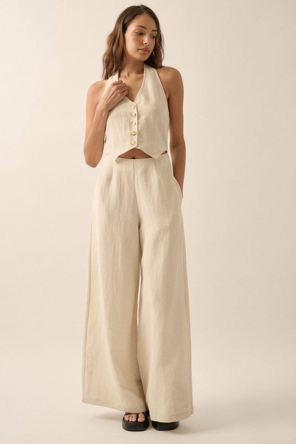 Solid Textured Wide-Leg Halter Vest Jumpsuit