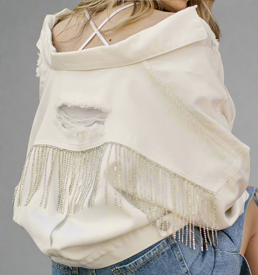 RHINESTONE FRINGE DENIM JACKET