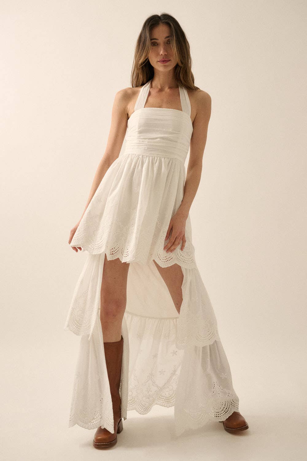 Eyelet Lace Halter High-Low Tiered Maxi Dress