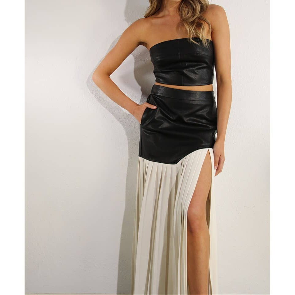 FAUX LEATHER TOP AND PLEATED SLIT SKIRT SET