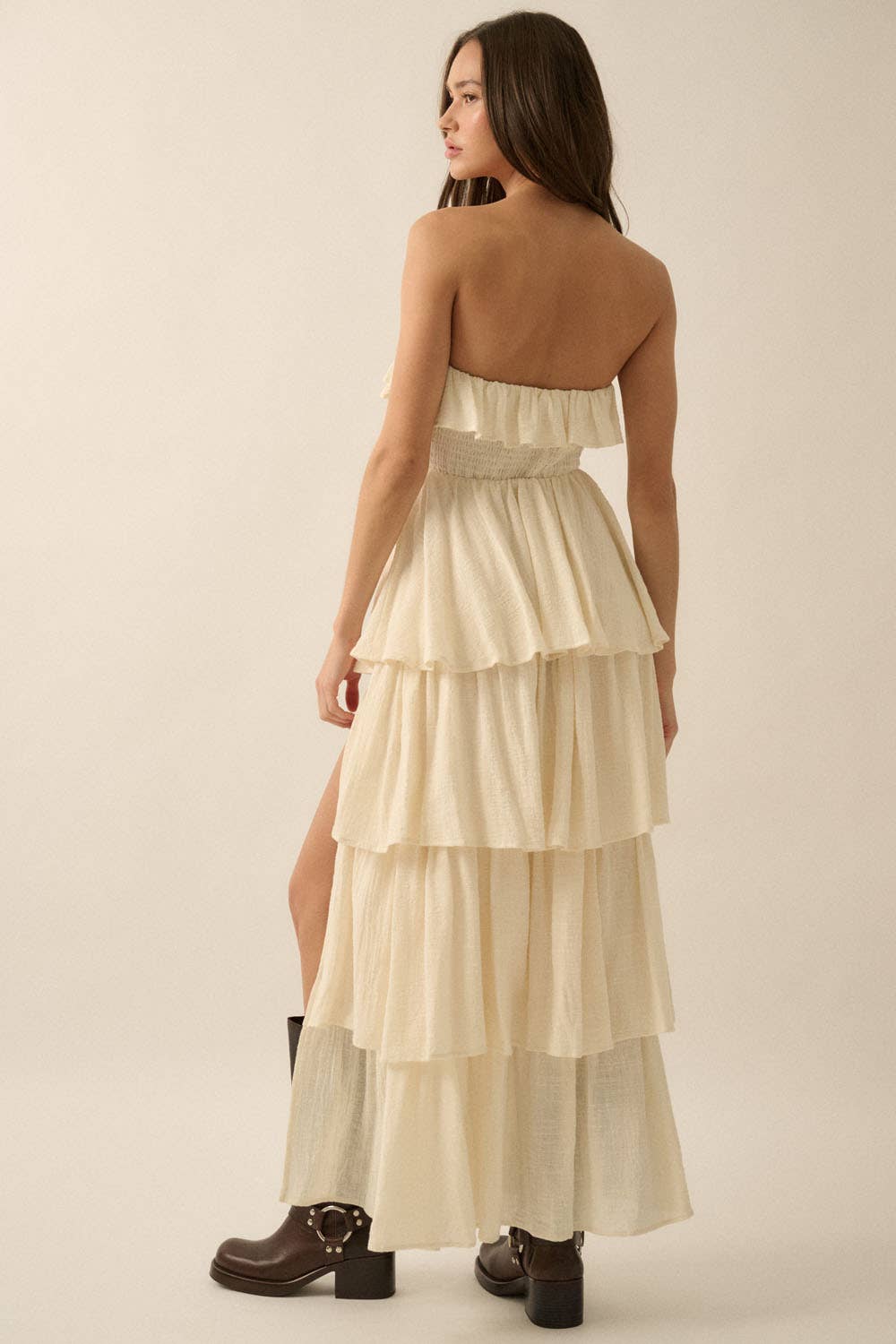 Textured Cotton Strapless Tiered Ruffle Maxi Dress