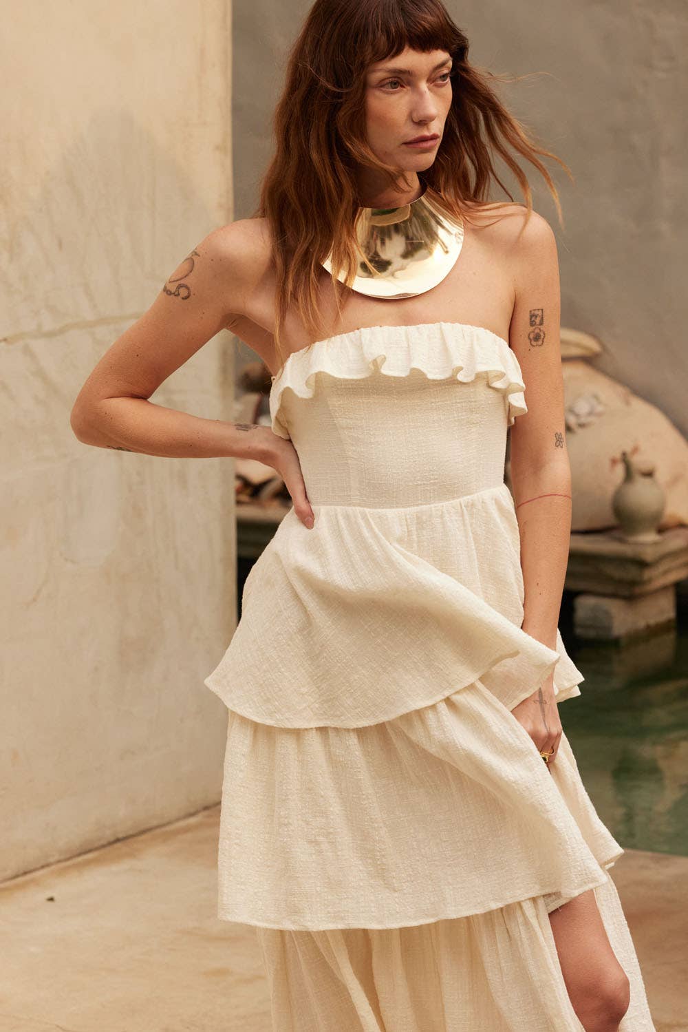 Textured Cotton Strapless Tiered Ruffle Maxi Dress