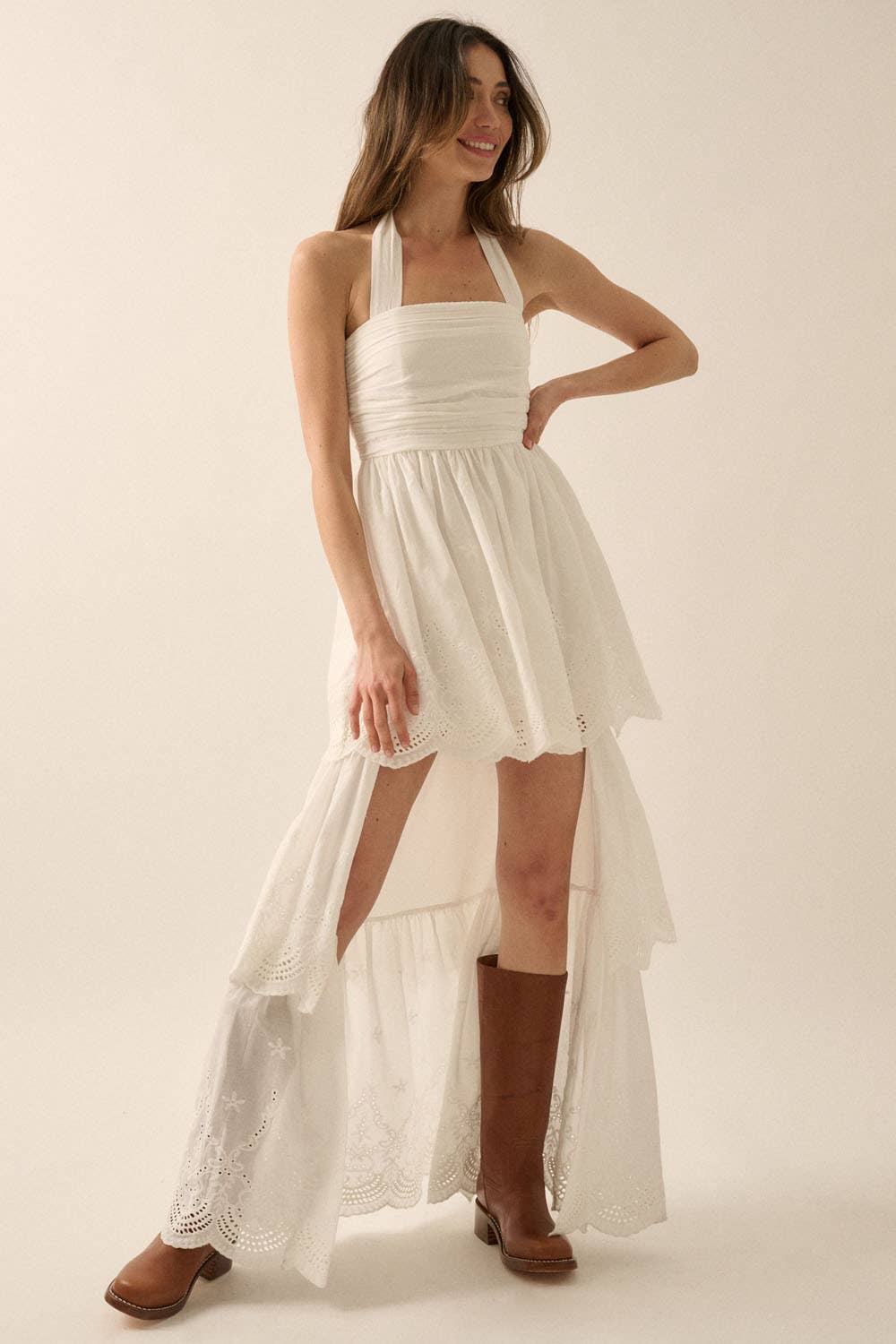 Eyelet Lace Halter High-Low Tiered Maxi Dress