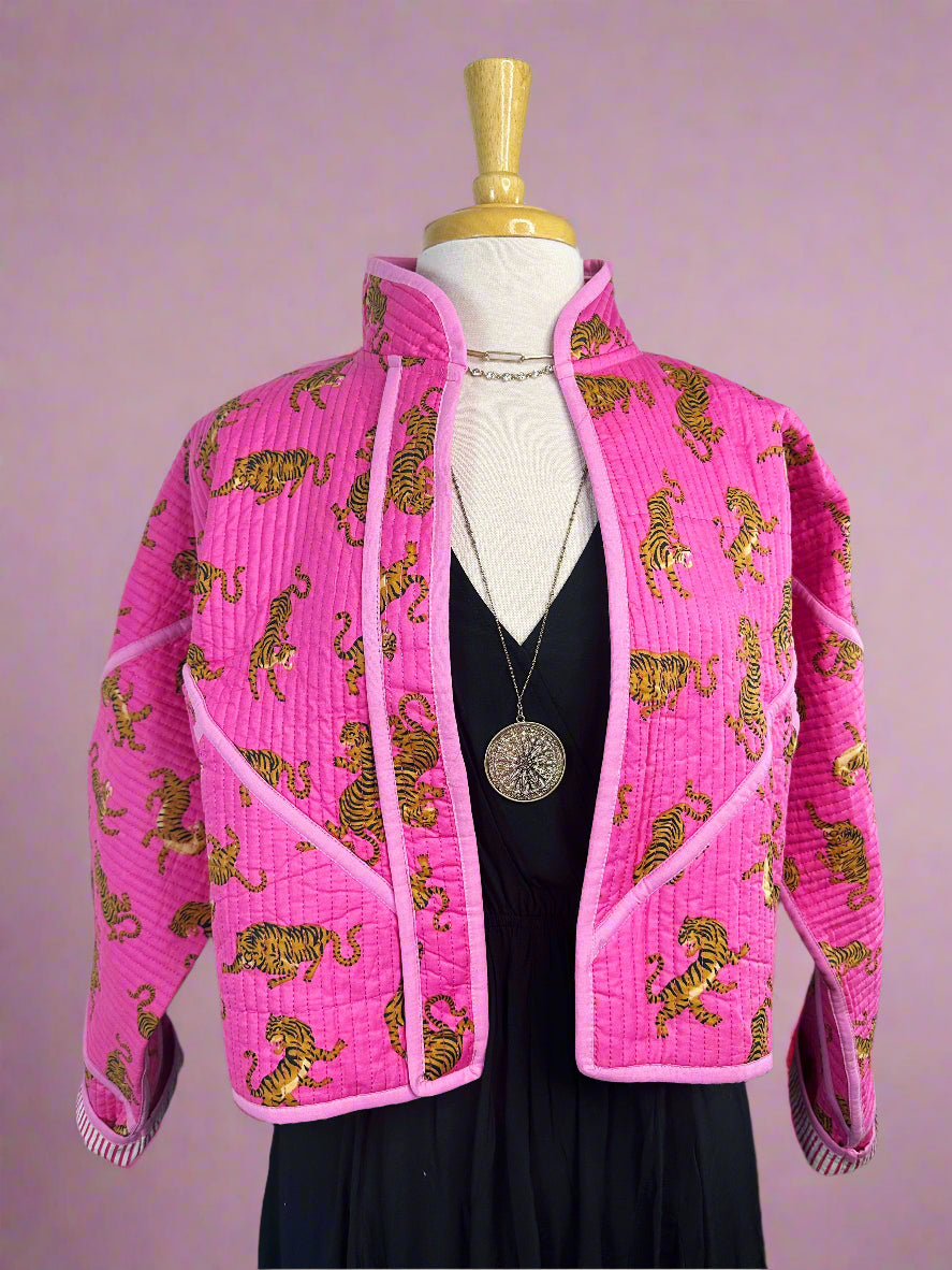 TIGER PRINT QUILTED BOMBER JACKET