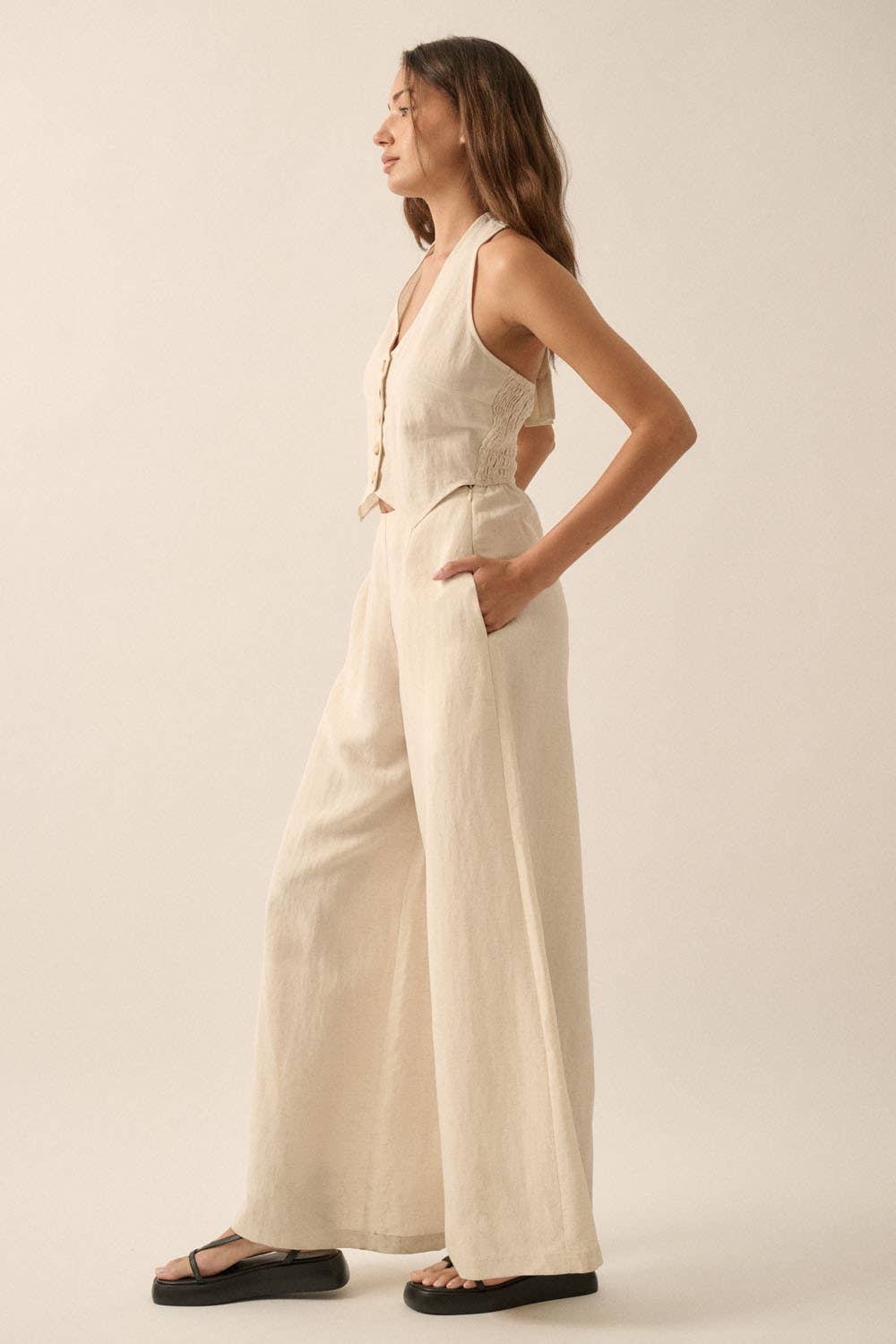Solid Textured Wide-Leg Halter Vest Jumpsuit