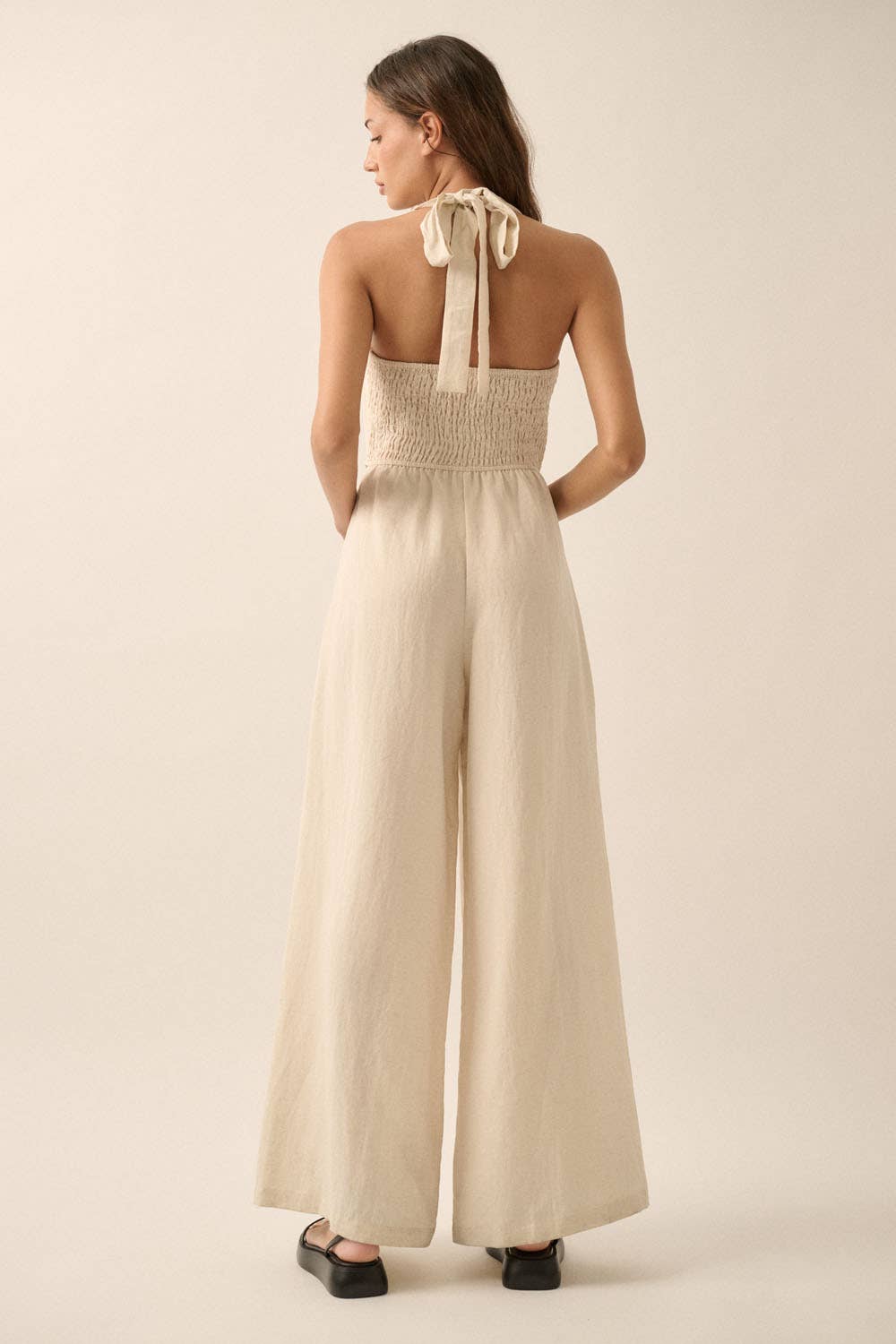Solid Textured Wide-Leg Halter Vest Jumpsuit