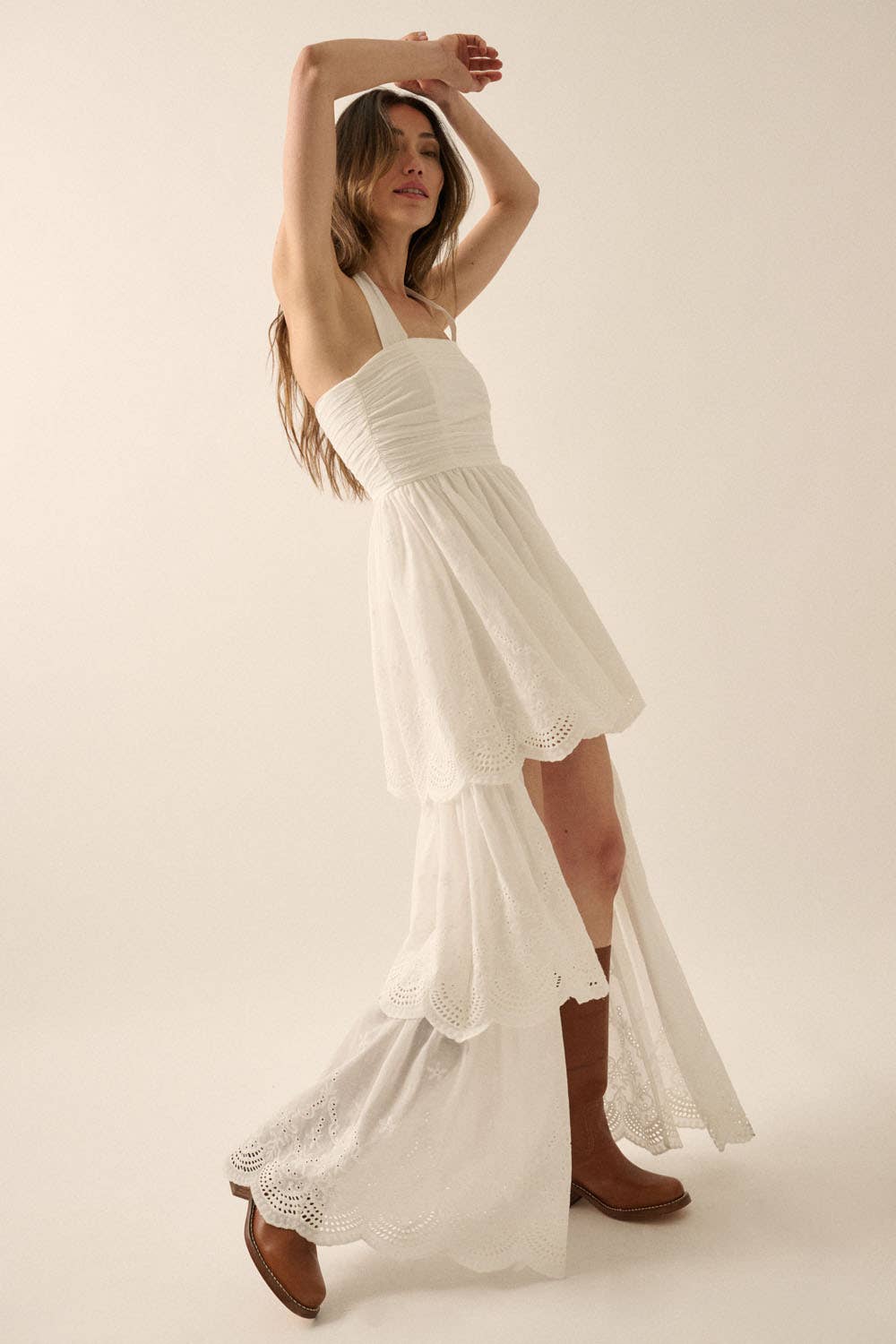 Eyelet Lace Halter High-Low Tiered Maxi Dress