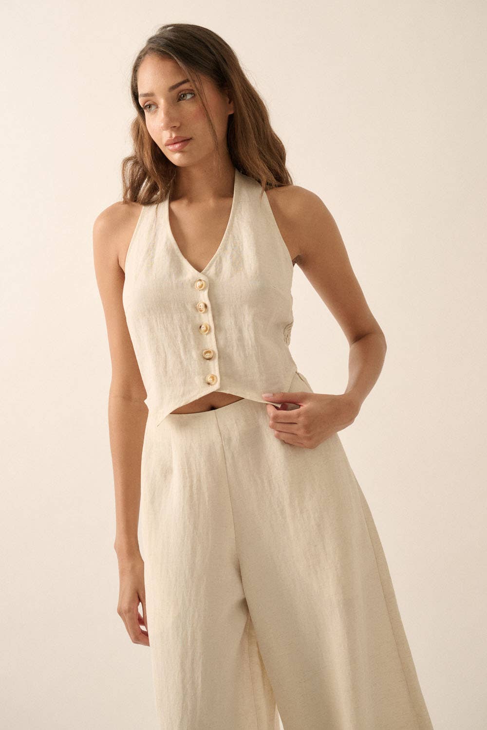 Solid Textured Wide-Leg Halter Vest Jumpsuit