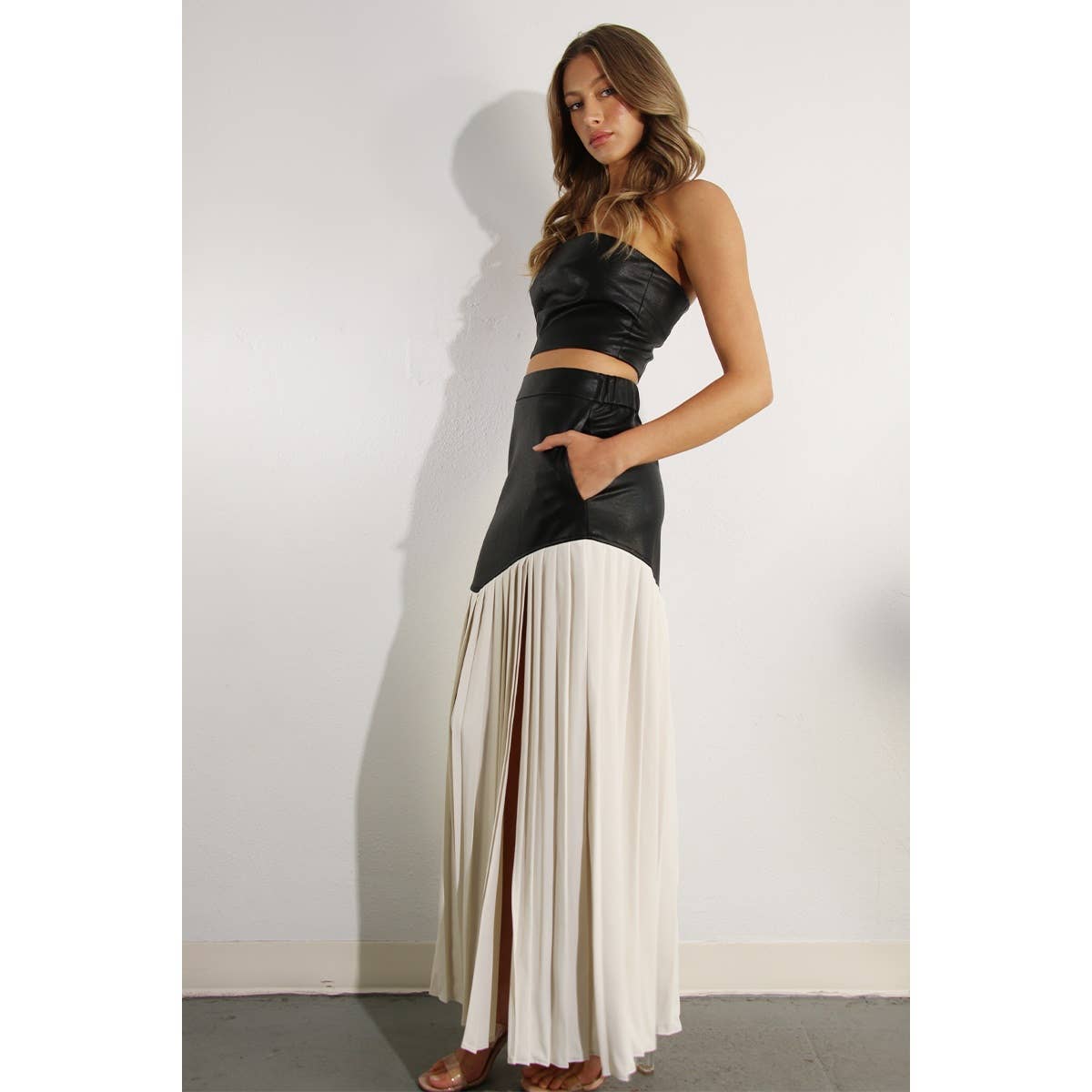 FAUX LEATHER TOP AND PLEATED SLIT SKIRT SET