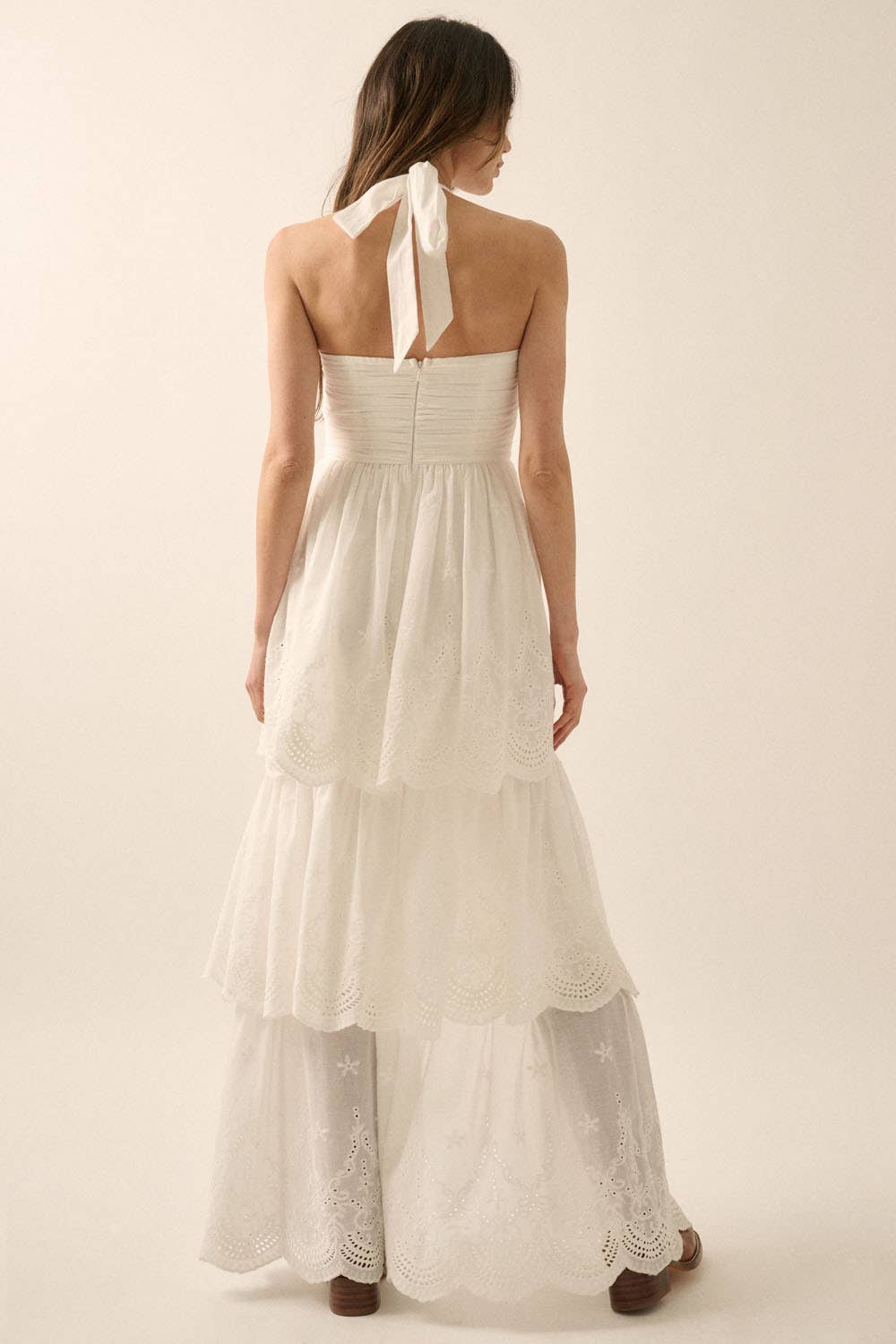 Eyelet Lace Halter High-Low Tiered Maxi Dress