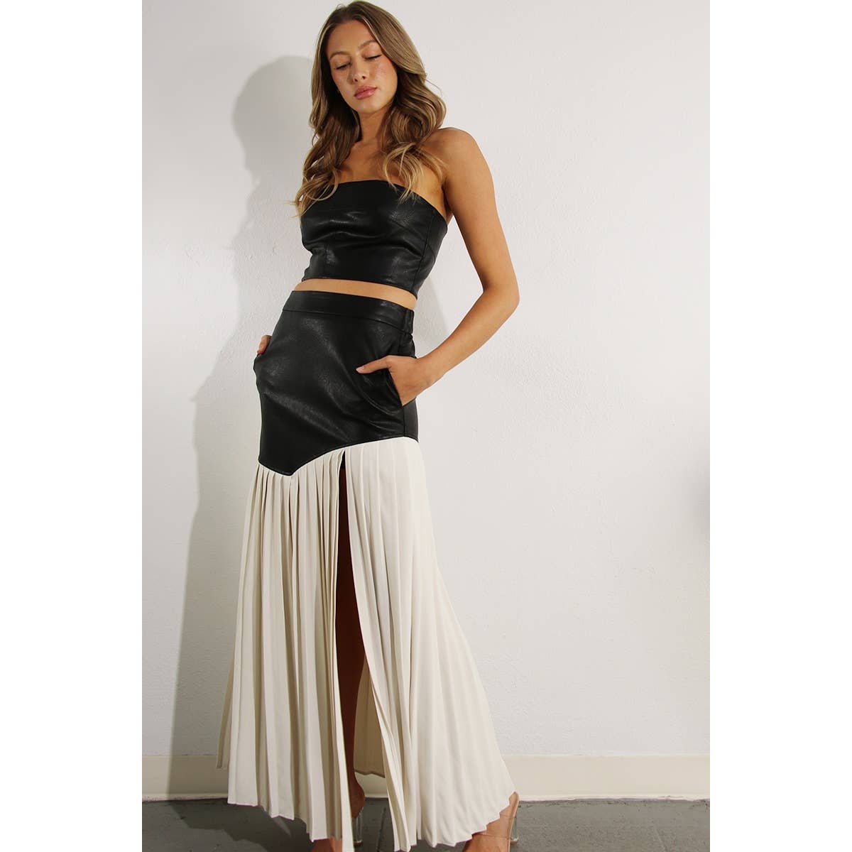 FAUX LEATHER TOP AND PLEATED SLIT SKIRT SET