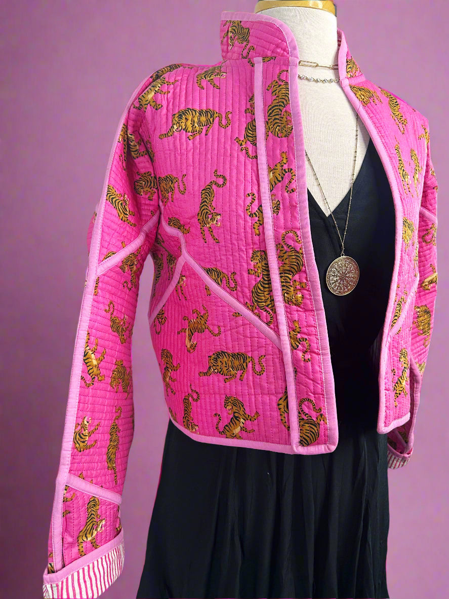 TIGER PRINT QUILTED BOMBER JACKET