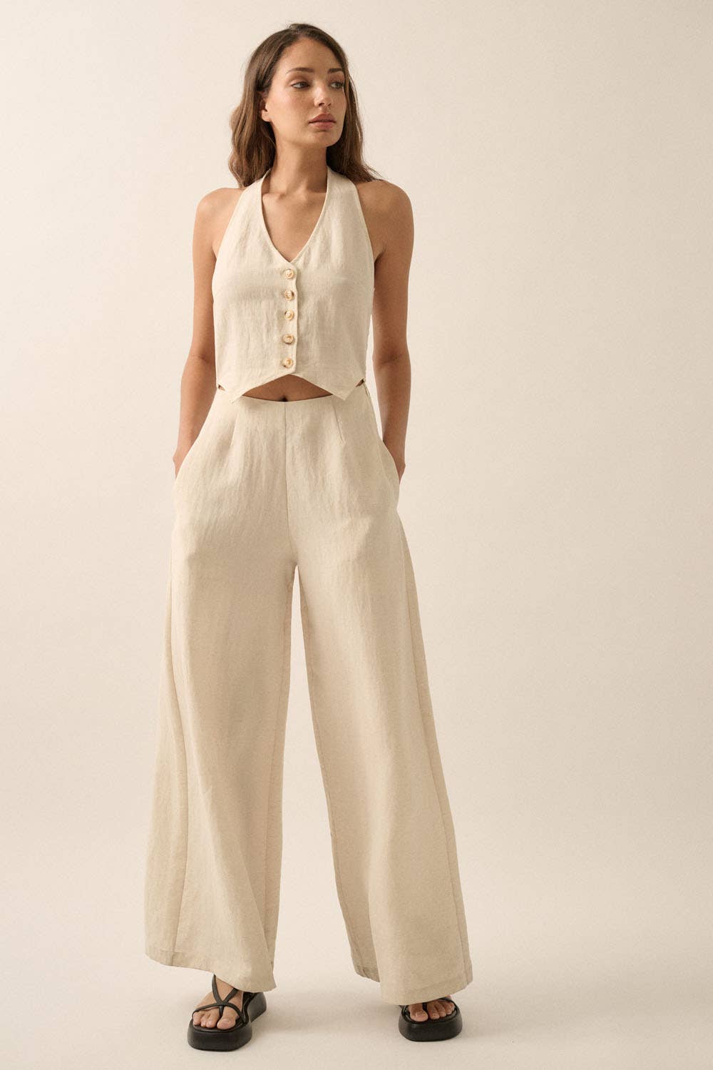 Solid Textured Wide-Leg Halter Vest Jumpsuit