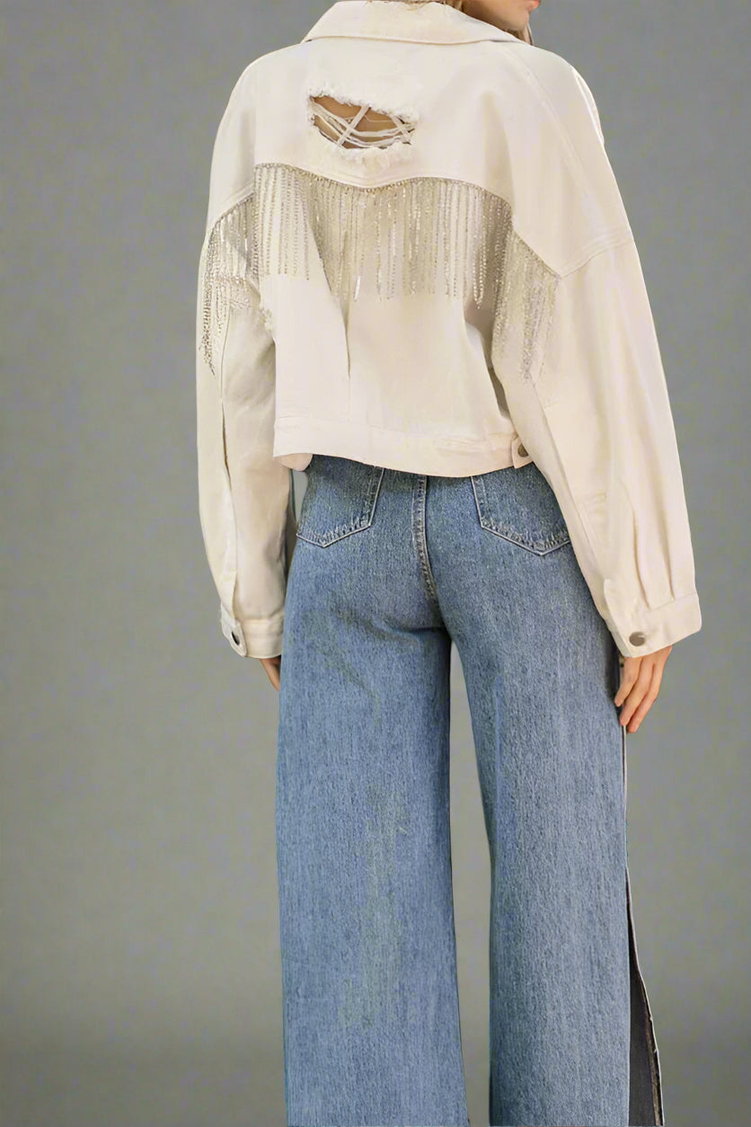 RHINESTONE FRINGE DENIM JACKET