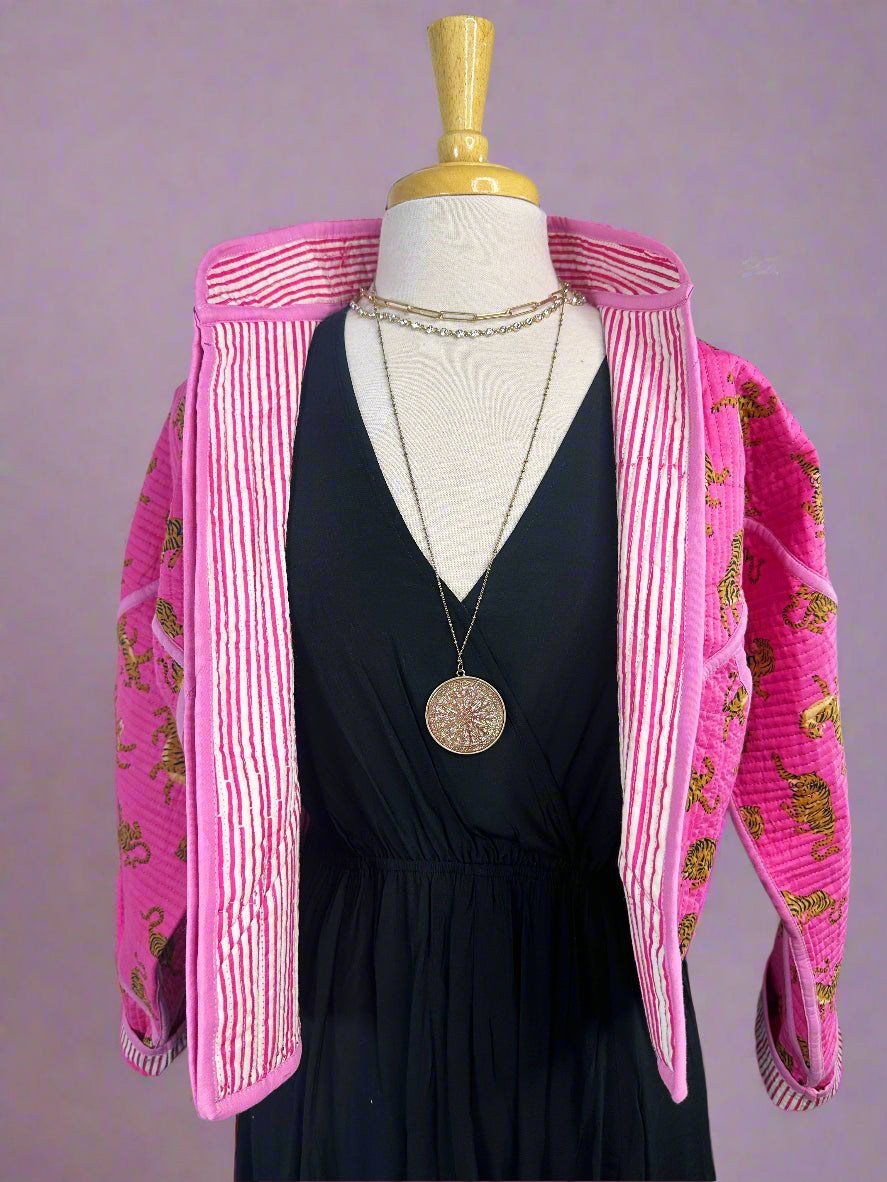 TIGER PRINT QUILTED BOMBER JACKET