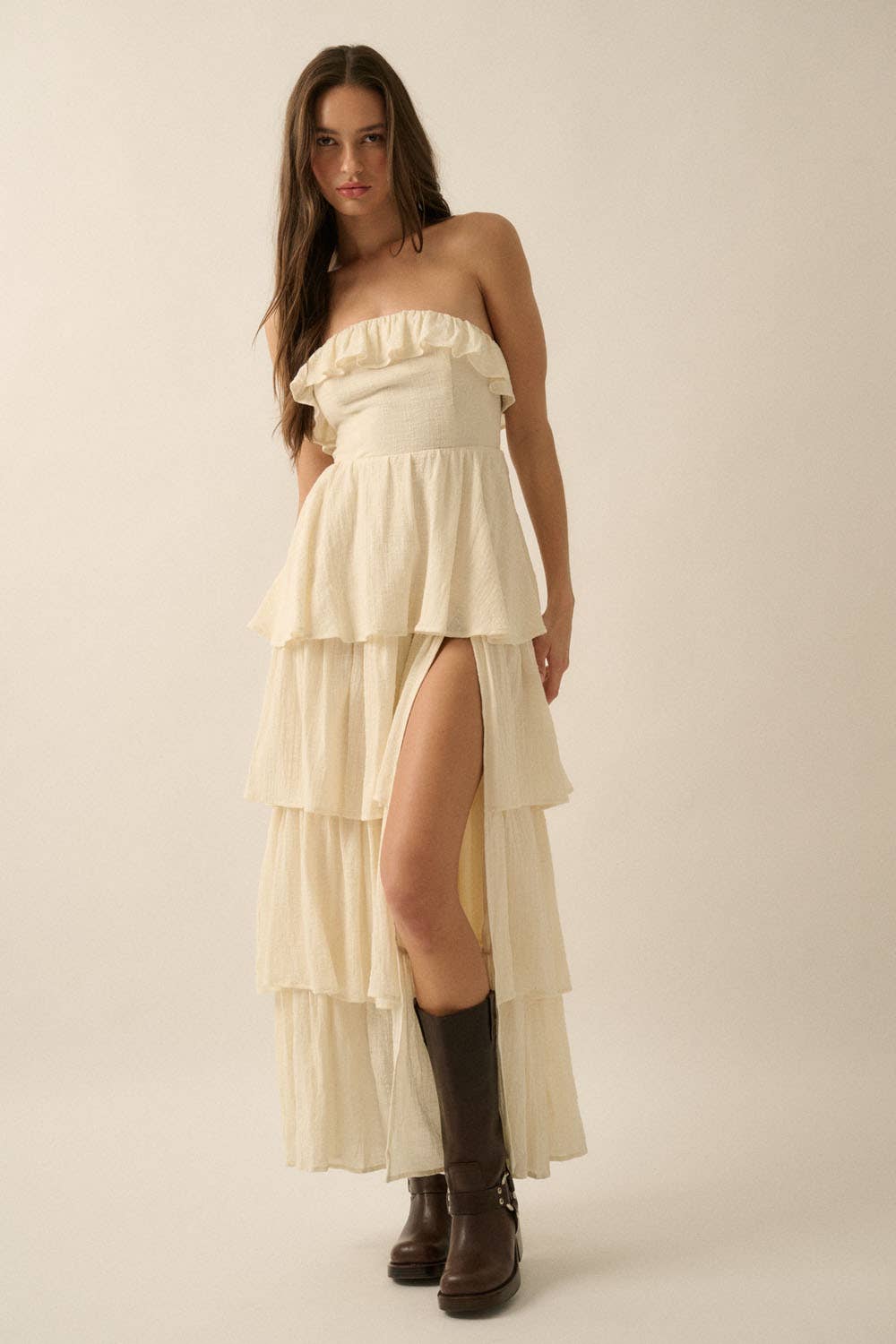 Textured Cotton Strapless Tiered Ruffle Maxi Dress