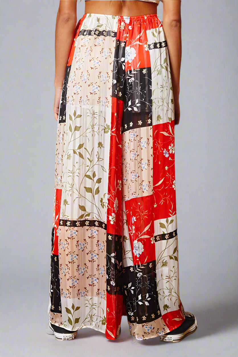 Floral Print Sheer Lurex Fabric Pants