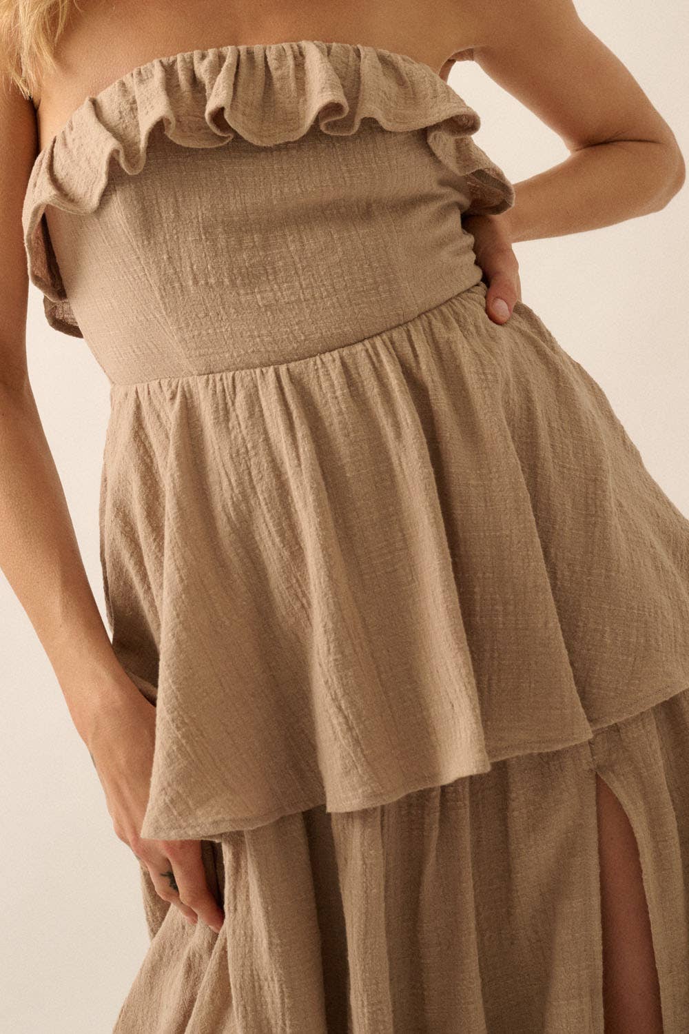 Textured Cotton Strapless Tiered Ruffle Maxi Dress