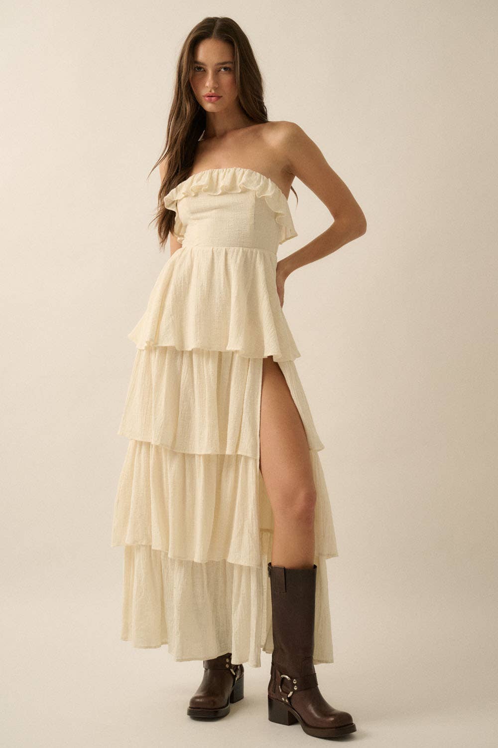 Textured Cotton Strapless Tiered Ruffle Maxi Dress