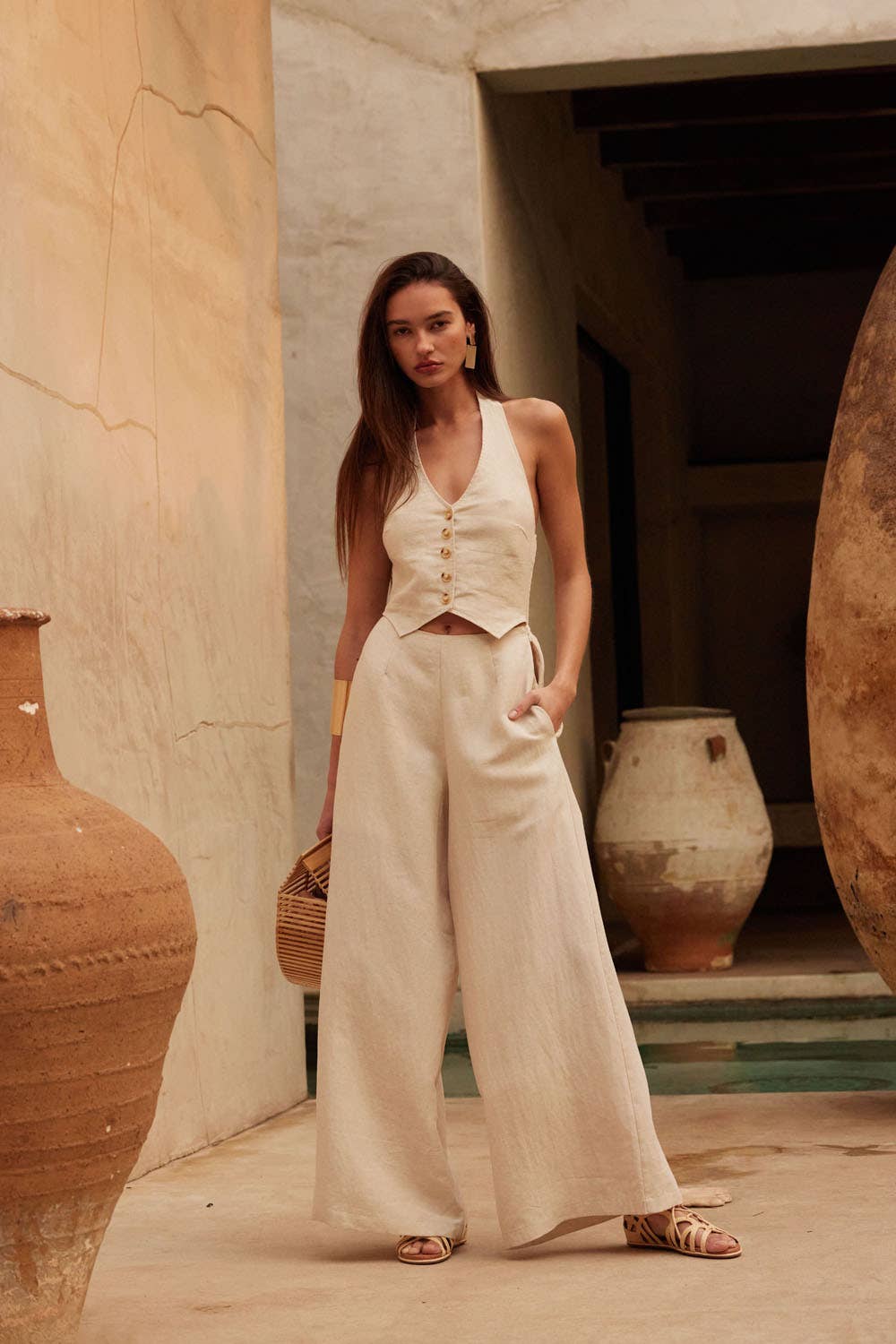 Solid Textured Wide-Leg Halter Vest Jumpsuit