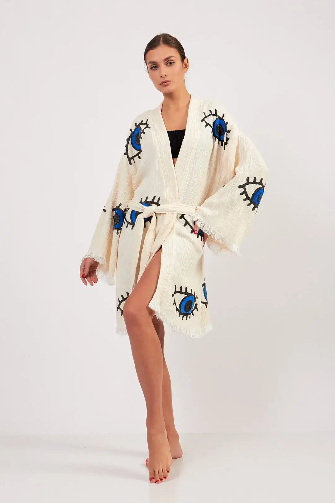 MIDI EVIL EYE KIMONO- WHITE