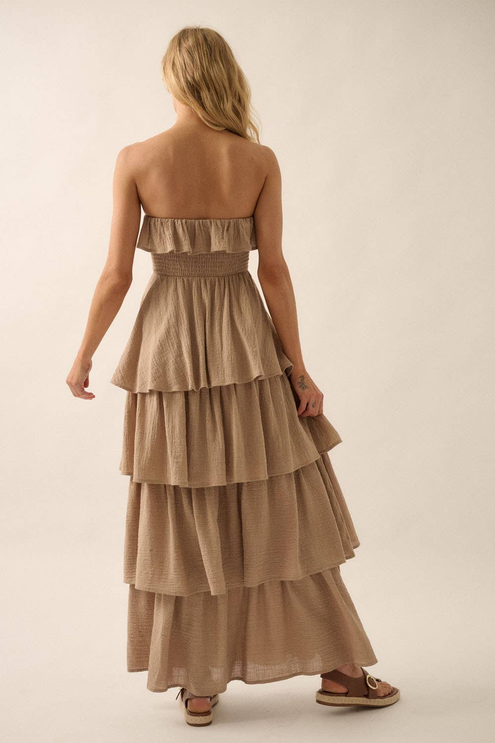 Textured Cotton Strapless Tiered Ruffle Maxi Dress