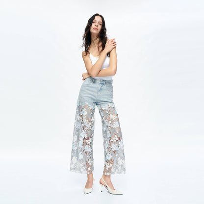 HIGH RISE WIDE LEG JEANS WITH LACE