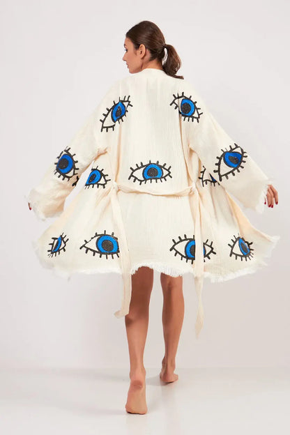 MIDI EVIL EYE KIMONO- WHITE