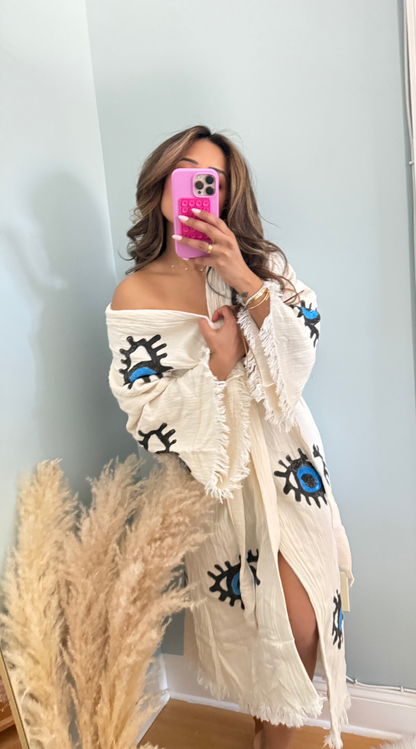 MIDI EVIL EYE KIMONO- WHITE