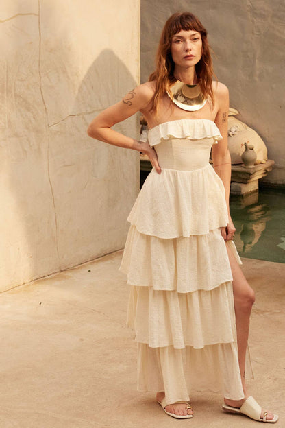 Textured Cotton Strapless Tiered Ruffle Maxi Dress