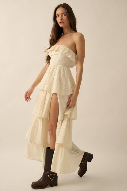 Textured Cotton Strapless Tiered Ruffle Maxi Dress